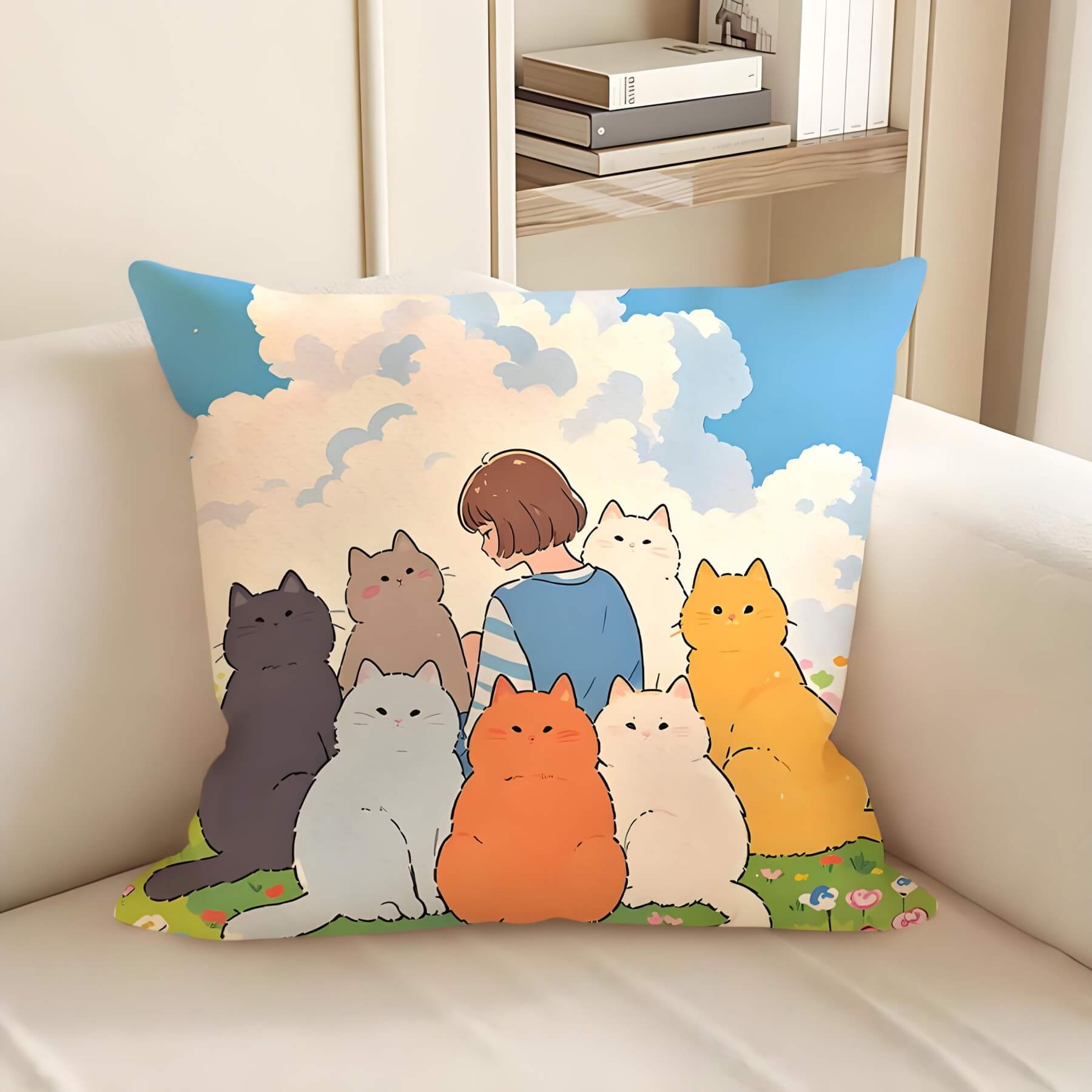 cute cartoon cats pillow: a girl sitting in 7 cats
